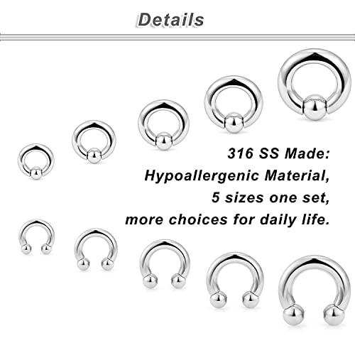 Ocptiy 6G 8G 12G 14G 16G PA Ring Horseshoe CBR Circular Barbell 316L Surgical Steel Internally Threaded Pierced Body Jewelry for Women Inner Diameter:10mm 12mm 14mm 16mm