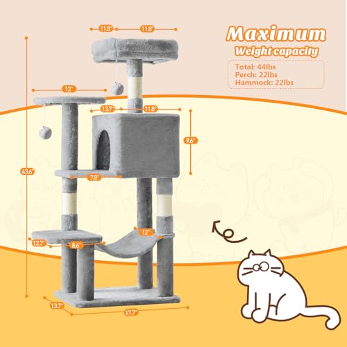Image of Sweetcrispy 44 Inch Cat Tree Tower, Cat Climbing Tower with Natural Sisal Scratching Posts, Hammock, Pet Condo for Indoor Cats and Kittens Play, Light Grey