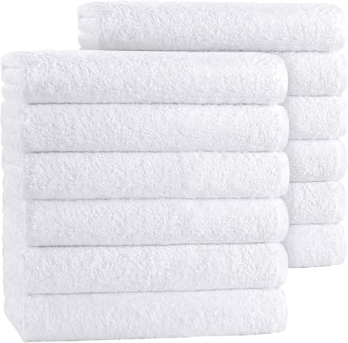 Canadian Linen Regal Basic - Toallas de mano blancas económicas de 16 x 27 pulgadas, paquete de 12 toallas de algodón suaves y absorbentes para baño, hotel, motel, spa y gimnasio, ligeras, resistentes