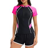 Generisch Damen Rashguard Badeanzug, 2-teilig, mit halbem Reißverschluss, kurzen Ärmeln und Farbblock-Design, inklusive Badehose, Tankini-Badeanzug (XXXL)