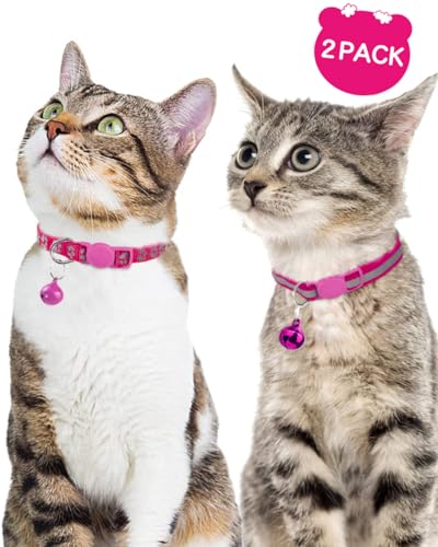 Image of Taglory Reflective Cat Collar Breakaway with Bell, High Visibility Night Strip, Lightweight Adjustable Nylon Collar for Boy Girl Cats, 2 Pack, 7.5-12.5 Inch, Hotpink