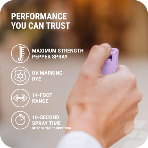 Image of Sabre Pepper Spray with Quick Release Keychain for Self Defense - Maximum Police Strength OC Spray with UV Marking Dye, Twist Lock Safety, Finger Grip, 10‑Second Spray, 14‑ft Range, Made in USA