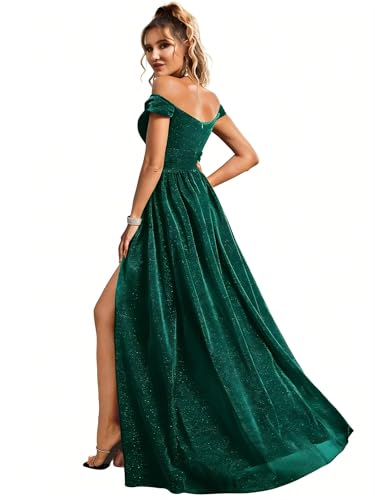 MIMIFINA Women's Off the Shoulder Glitter Formal Evening Gown Built-in Bra with High Slit Sparkly...