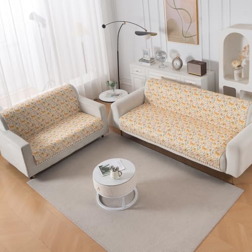 Image of HOKIPO Sunlit Butterfly Quilted Sofa Cover 3 Seater and 2 Seater with Tassels Set - 5 Seater Sofa Cover (3+2) for Seat & Back | 'Tassel Twigs' Series (IN-991-T3 + IN-990-T3)