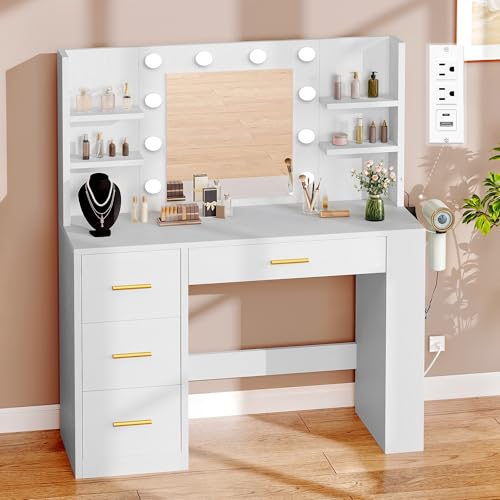 DWVO Vanity Desk with Mirror and Lights, 40in Makeup Vanity Table with Power Outlet, 4 Drawers & Storage Shelves, 3 Lighting Color Adjustable, White Dressing Desk for Bedroom