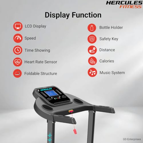 Image of Hercules Fitness Adler TXM18 1.25 HP / 2.5 HP Peak DC Motorized Treadmill Max Speed 12 Km /Hr Max User Weight 110 KG Bluetooth Speaker Foldable Structure Gym Equipment