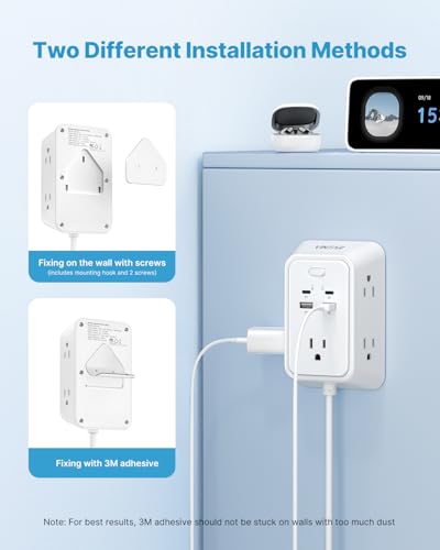 VINTAR Cordon de extensión con enchufe plano 10 pies, extensor multitomas con 2 USB C miniatura 3