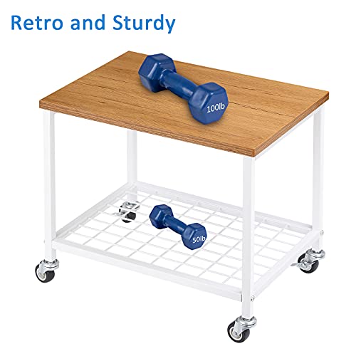 Mooace Printer Stand Rack, Under Desk Storage Home Printer Cart With Wheels For Mobility, Small Storage Wood Look Top End Table With Anti-Skid Feet, Desktop Shelf For Fax Machine, Scanner, Laser,White #TOP4