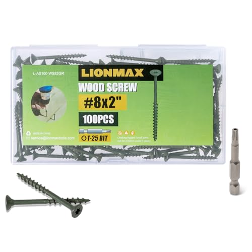 Image of LIONMAX Deck Screws 2 Inch, Wood Screws #8 x 2, 100 PCS, Rust Resistant, Exterior Epoxy Coated, Outdoor Decking Screws, Torx /Star Drive Head Screw, T25 Star Bit Included, Green