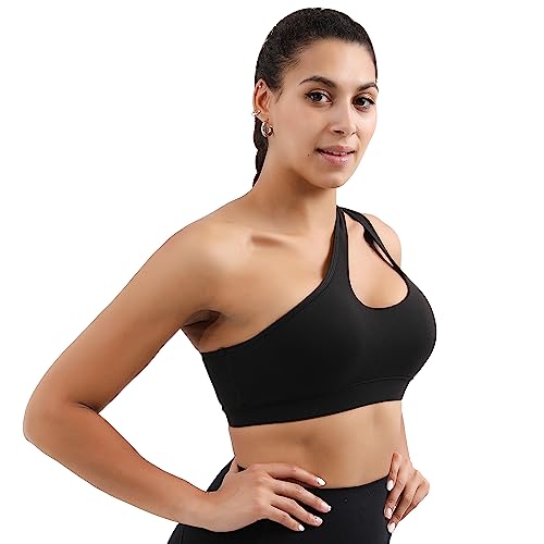 Running Girl One Shoulder Sports Bra, Removable Padded Yoga Top Sexy Cute Medium Support Workout Bra(2030 Black M) #TOP2