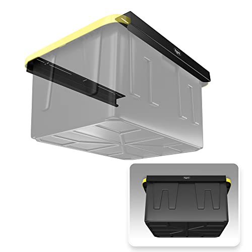 Image of Koova Heavy-Duty Overhead Garage Storage Rack for 1 Bin. Adjustable Width, 40lb Capacity. DIY Super Safe Ceiling Mount, Easy 4-Bolt Install. Fits 27-Gallon Tote. USA Made Steel. Space Saving Organizer