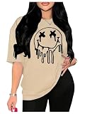 Verdusa Women's Oversized Smiley Face Graphic Tees Crew Neck Short Sleeve Crop T Shirt Apricot