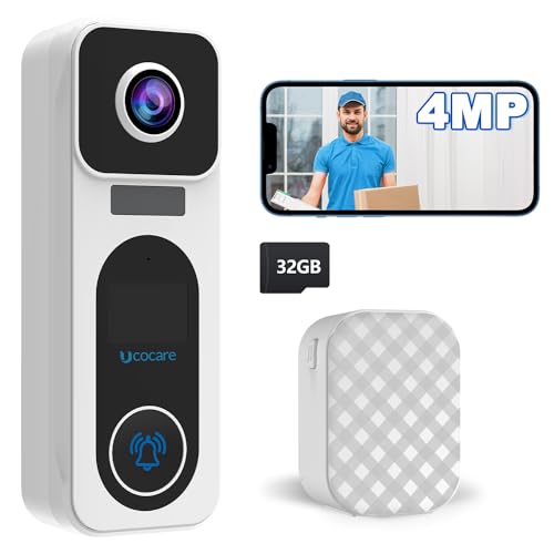 UCOCARE Timbre Inalámbrico con Cámara Exterior Impermeable, 4MP QHD WiFi Videoportero Timbre, Tarjeta de Memoria de 32 GB Incluida, Sin Tarifa de Suscripción Mensual, Detección Humana,Visión Nocturna