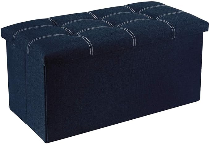 Foldable Storage Ottoman Bench with Tufted Lid, Navy Blue Upholstered Collapsible Storage Box, 76x38x38cm (Navy Blue)-image-28