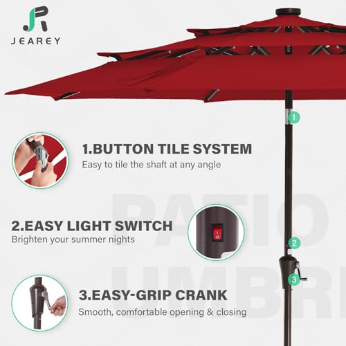 Image of JEAREY 3 Tiers Patio Umbrella with Solar Lights 9ft Outdoor Market Table Umbrellas with Push Button Tilt for Outside Pool Garden, Red