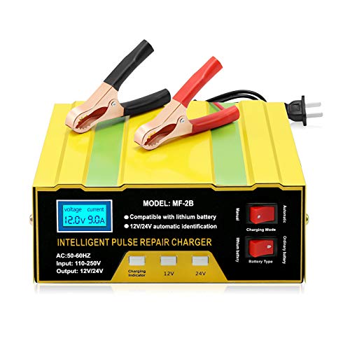 12V/24V Smart Battery Charger With Car Battery Monitor for Cars, Truck, Boat, Motorcycles, Lawn Mower - Automatic 10A for Lithium or Lead-Acid Batteries
