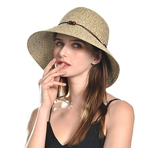 Jeff & Aimy Sombrero de paja para mujer, plegable, para vacaciones, playa, UPF 50+, protección solar, mezcla de café, talla L Cover