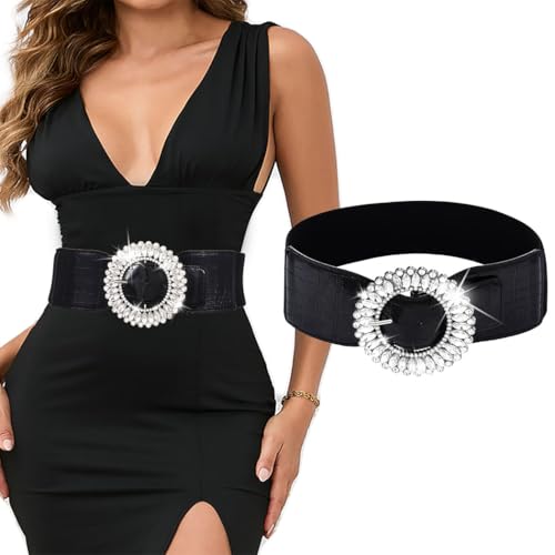Tgirls Women's Rhinestone Belt Sparkly Crystal Elastic Waistband Big Buckle Stretch Belts for Dresses