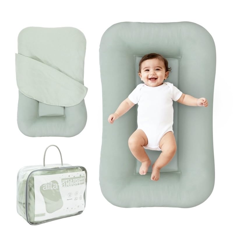 Aila + Aiden Baby Lounger | Organic Cotton Infant Lounger | Adjustable & Portable Floor Lounger | Supervised Use | Soft, Breathable, Washable Cover - Snuggle Collection - (Sage)
