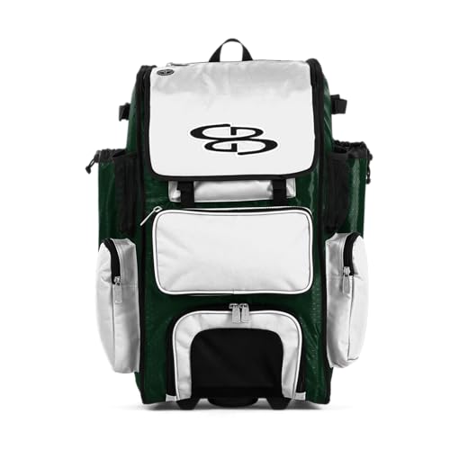 Boombah Rolling Superpack Baseball/Softball Gear Bag - 23-1/2" x 13-1/2" x 9-1/2" - BRSP2 Dark Green/White - Telescopic Handle - Holds 4 Bats - Wheeled Version