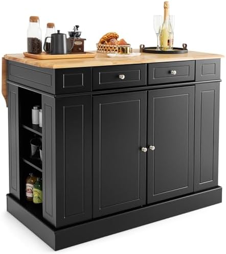 TANGZON Large Kitchen Island with black body and extended rubber wood drop leaf countertop shown in a modern kitchen setting