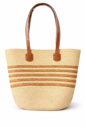 Bolsa Tote de Palha Natural com Alças em Couro Sintético Marrom
