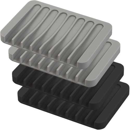 Image of Self Draining Soap Dishes, 4 Pcs Silicone Waterfall Drainer Soap Holder for Bathroom, Extend Soap Life Keep Dry Clean & Easy Cleaning (Black & Grey)