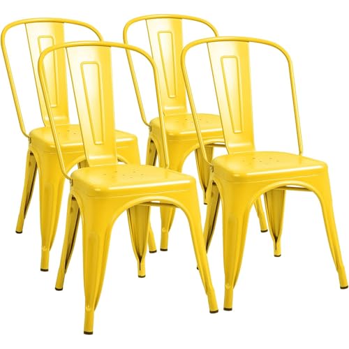Image of Furmax Metal Dining Chair Indoor Outdoor Use Stackable Classic Trattoria Chair Chic Dining Bistro Cafe Side Metal Chairs Set of 4 (Yellow)