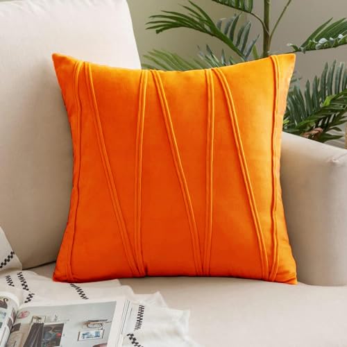 Image of Khooti Velvet Striped Cushion Cover Pack of 1-30 inch x 30 inch / 76 x 76 cm | Orange | Soft Pillow Covers Cushion Case for Sofa Bedroom Livingroom Chair Car, Cushion Cover with Zig Zag Pattern