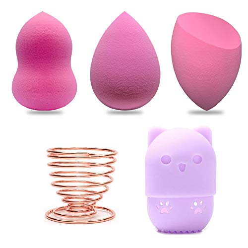 Makeup Puff Sponge Blender Set: 3 Pink Makeup Sponges, 1 Beauty Sponge Silicone Suitcase, 1 Makeup Sponge Drying Rack. (Set of 5)