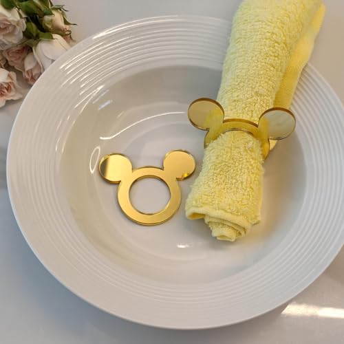 Set of 12 Acrylic Cartoon Napkin Ring,Mirrored Mickey Mouse Head Napkin Rings for Wedding Favors Event Party Supplies Tableware Cartoon Acrylic Table Settings(Gold Mirror)