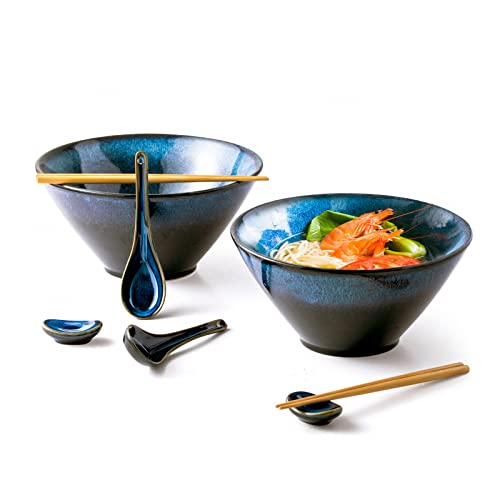 HENXFEN LEAD - Juego de cuencos de ramen japonés de cerámica, 2 litros grandes cuencos de sopa Ramen Bowl con 2 cuencos, palillos, cuchara de cerámica, reposamuñecas, azul
