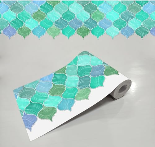 Image of WallDesign Mosaic Lantern Blue Green Shades - 4 in X 10 Feet Self-Adhesive Wallpaper Border Sticker for Kitchen Backsplash, Furniture, Wall, Cupboard, Staircase