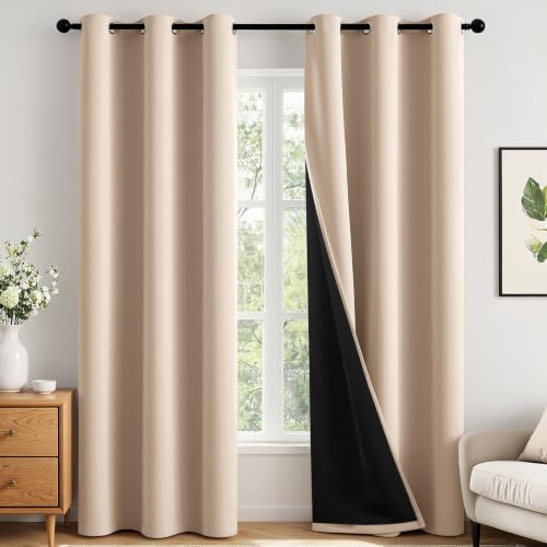 Image of MIULEE Beige 100% Blackout Curtains for Bedroom 90 Inch Long 2 Panels Set | 2 Thick Layers Thermal Insulated Window Curtains with Black Liner, Noise Reducing Grommet, Drapes for Living Room