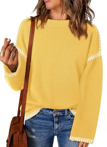Image of Dokotoo Sweaters for Women Crewneck Long Sleeve Contrast Cable Knit Tops | Early Fall Fashion, Solid Loose Fit Pullover Sweaters, Oversized Stitching Fall Clothes Outfits, Winter Clothing for Women