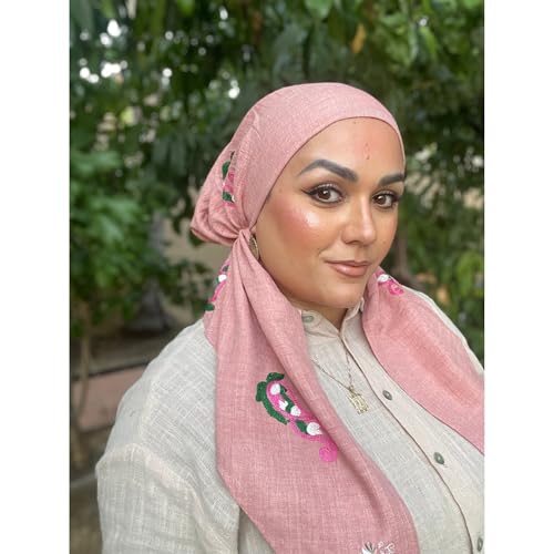 Pre Tied Head Scarf for Women, Linen Embroidered, VELVET HEADBAND Attached, Long Tails Adjustable Non Slip Tichel3