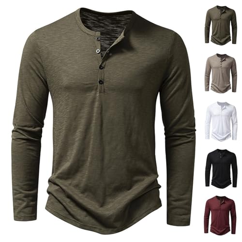 Herren Henley T-Shirt Langarm Leicht Hemden mit 4 Knöpfen Rundhals Baumwolle Lässig Freizeithemd Casual Vintage Slim Fit Hemd Lässig Weich Stretch Basic Oberteile Einfarbig Fitnessstudio Pullover