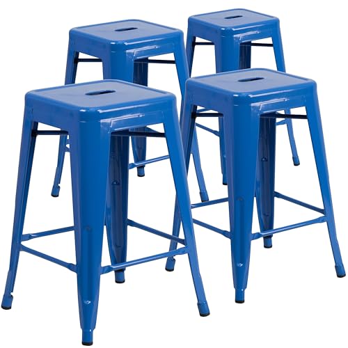 Flash Furniture Juego de 4 taburetes de Metal sin Respaldo de 24 Pulgadas de Alto para Interiores y Exteriores con Asiento Cuadrado, Acero galvanizado, plástico, Azul, Juego de 4