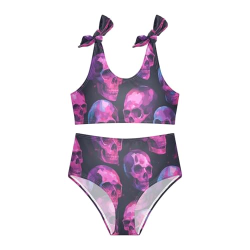 KLL Pink Skulls on A Black Background Girls 2 Piece Bikini Sets Quick-Dry Bathing Suit Swimwear Adjustable Strap3