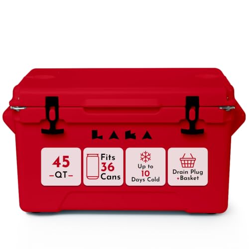 Laka Cooler – 45 Quart Rotomolded Hard Cooler, Insulated Ice Chest Holds 36 Cans/45lb Ice, Up to 10 Days Cold, Drain Plug + Basket, Non-Slip Feet, Beach Boat Camping Tailgate - Red