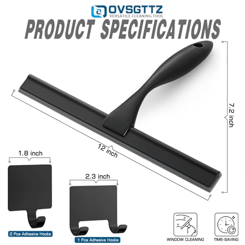 Image of Stainless Steel Shower Squeegee for Glass, Includes 3 Adhesive Hooks, Shower Door Squeegee for Bathroom, Household Window, Car Windshield, Mirrors, Tiles Scrubber Clear, 12 inch Black