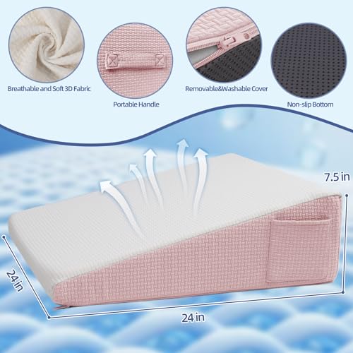 Wedge Pillow for Headboard, 7.5’’ Triangle Elevated Bed Wedge Pillow for Acid Reflux Relief, Sleeping, Post Surgery, Back Pain Relief, Snoring, Soft Memory Foam Top & Washable Breathable Cover, Pink