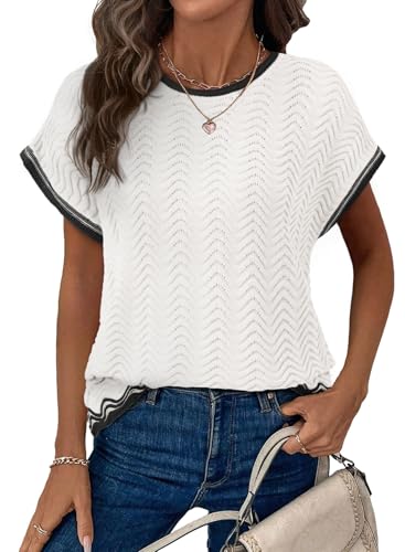 Image of Dokotoo Womens Summer Tops Casual Short Sleeve Wavy Crochet Crewneck Color Block Lightweight Knit Loose Pullover Sweaters