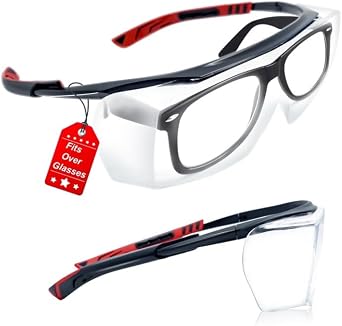 Clear Safety Glasses for Work Anti-Fog Protective Goggles Fit Over Prescription Glasses, Anti-Scratch Wrap-Around with Side Shields, for Worktop Lab Kitchen Construction Outdoor CyclingRed