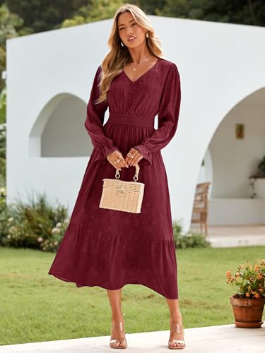 Image of BerryGo Womens Long Sleeve Empire Waist Maxi Dress V Neck Fall Wedding Guest Flowy Long Dresses