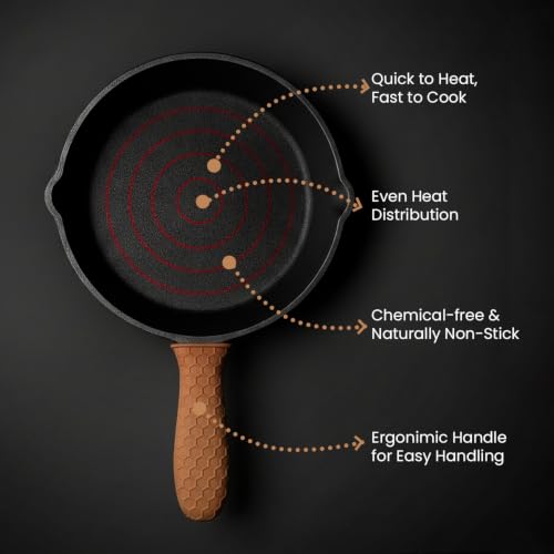 Image of HomeEssentials 20cm Non-Stick Cast Iron Skillet Pan with Silicone Sleeve | Pre-Seasoned Frying Pan, Mini Cast Iron Pan, For Omelette | Induction Friendly | Naturally Nonstick, 100% Pure & Toxin-Free