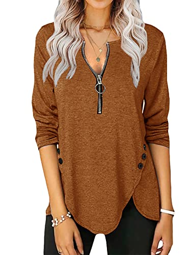 Women's Casual Long Sleeve Tunic Shirts Zipper V Neck Button Side Blouses Tops