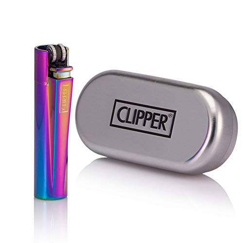 Briquet à pierre Clipper en métal bleu glacier/arc-en-ciel livré dans un coffret cadeau en métal