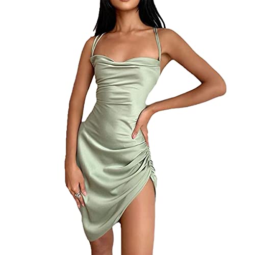 Women Sexy Satin Solid Color Dress Drawstring Party Night Club Spaghetti Strap Dress (Green, S)