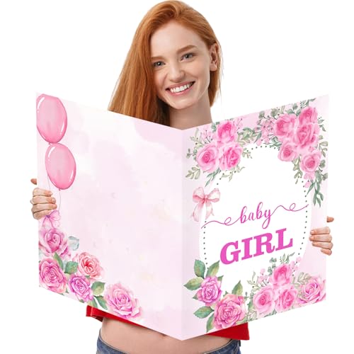 Idealmuzik Large Baby Shower Card with Envelope for Girls – Jumbo Pink Floral A Baby Girl Greeting Card – Oversized Guest Book Baby Shower Party Decoration & Gift Supplies